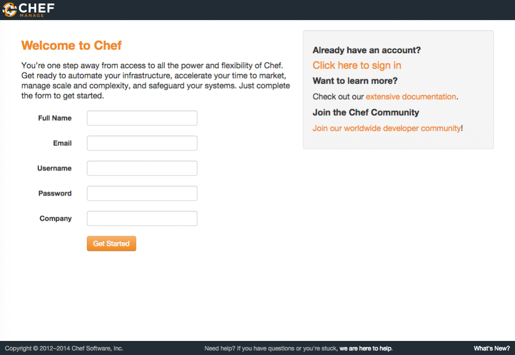 Success - the Chef Manage login page.